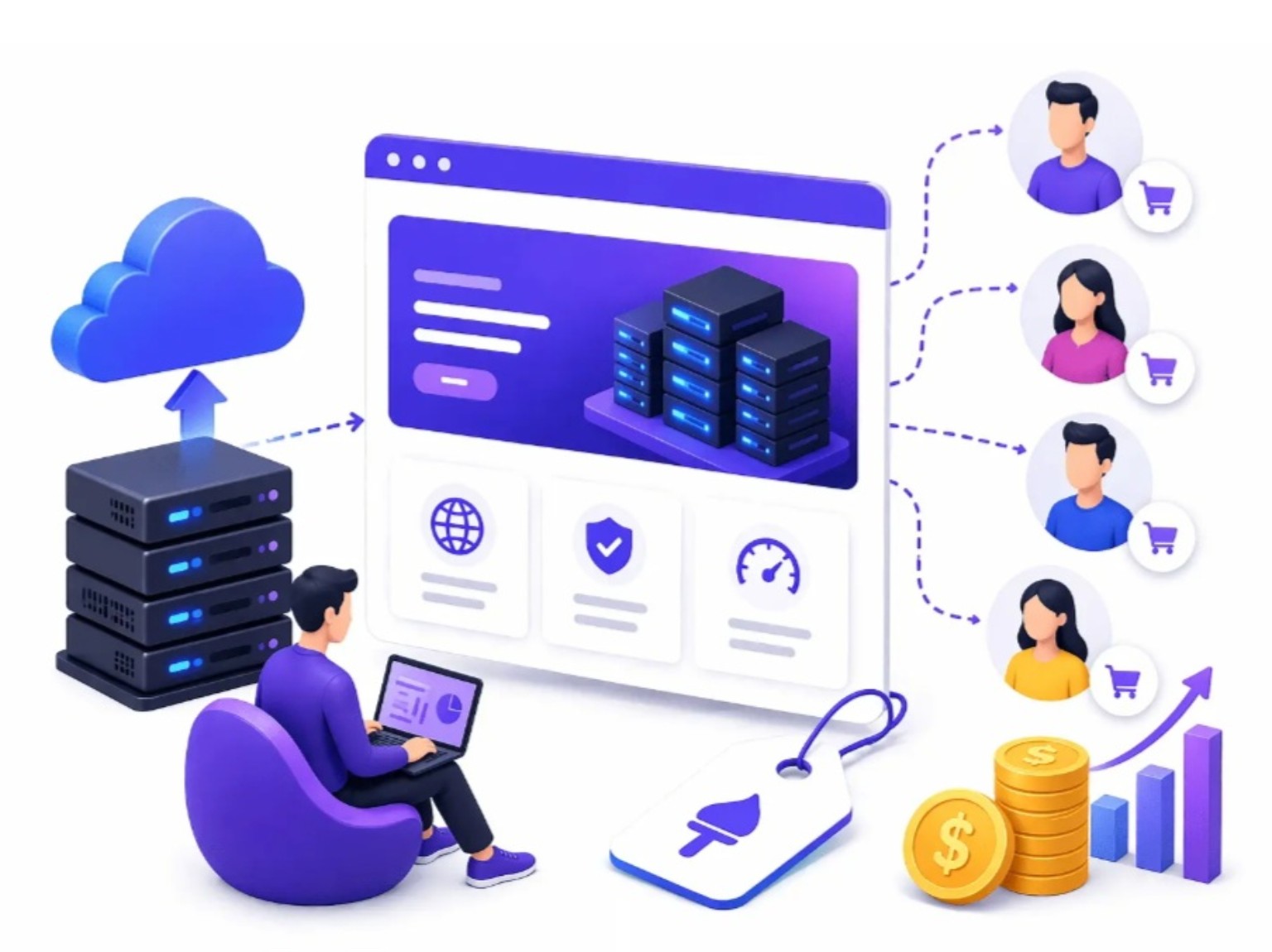 Illustration of a hosting reseller managing servers, websites and customers